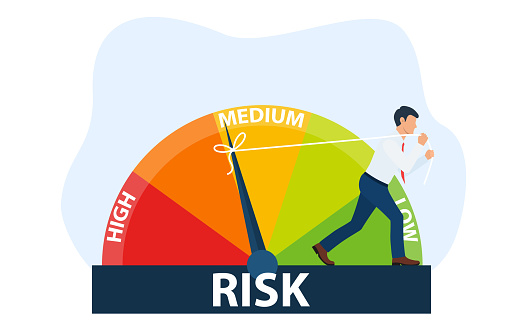The concept of risk on the speedometer is high, medium, low. A businessman manages risk in business or life. Vector isolated background. Vector illustration in flat style.