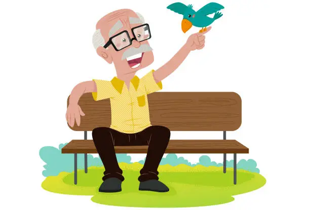 Vector illustration of Elderly gentleman sitting on wooden bench in the park