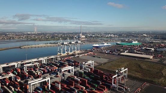 Aerial view of rows of shipping containers
