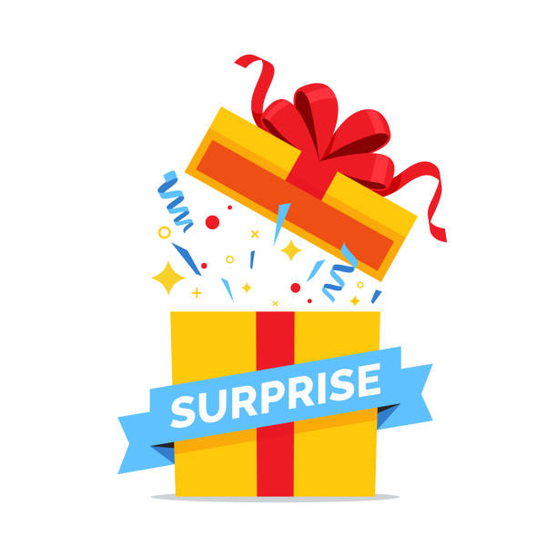 ilustrações de stock, clip art, desenhos animados e ícones de opened gift box with red bow vector illustration. surprise box with colorful confetti explosion. prize icon isolated on white background. - surprise