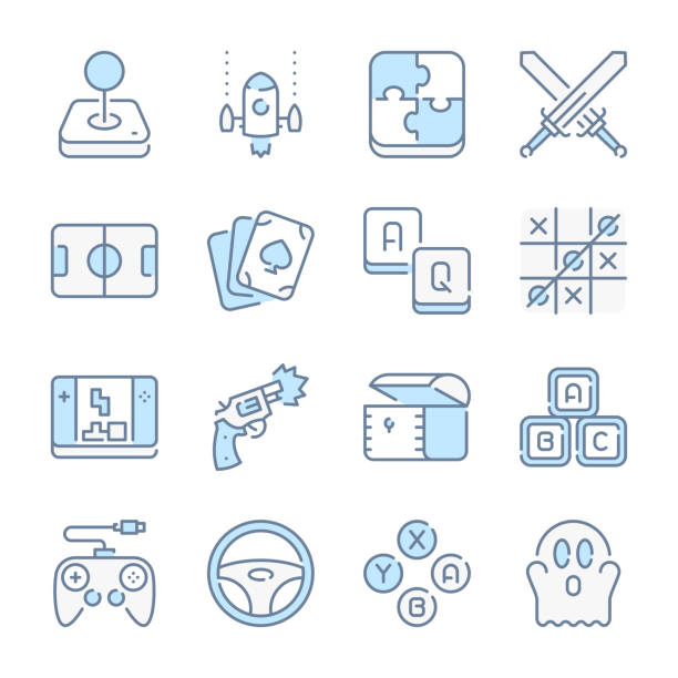 illustrations, cliparts, dessins animés et icônes de icônes colorées liées à la ligne bleue de catégorie de jeux. jeu vidéo et jeu d’icônes de jeux mobiles. - silhouette poker computer icon symbol