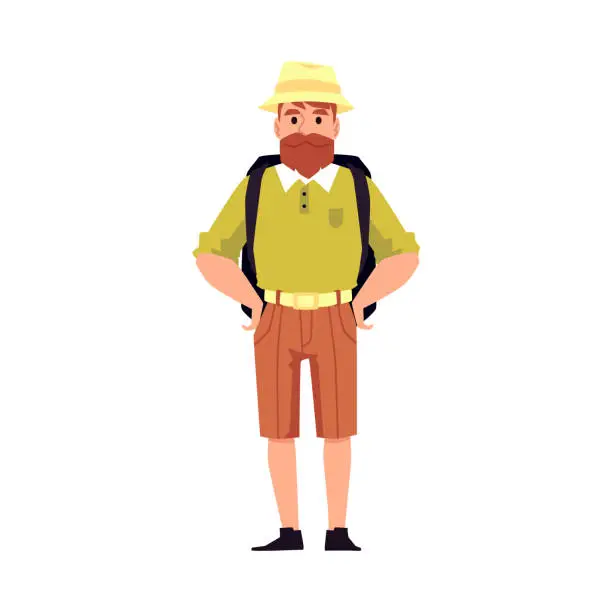 Vector illustration of Man traveler or explorer in safari helmet flat vector illustration isolated.