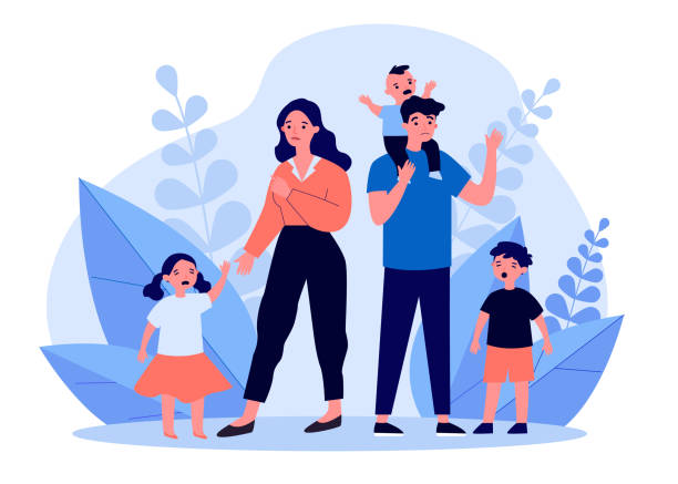 Sad parent standing with crying children Sad parent standing with crying children. Mother, behavior, difficulty flat vector illustration. Parenthood and family concept for banner, website design or landing web page sad child standing stock illustrations