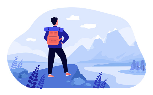 Adventure travel concept. Tourist exploring mountains. Man with backpack standing at cliff and admiring landscape. Vector illustration for hiking, trekking, nature, discovery, tourism topics