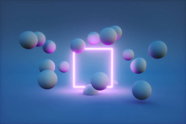 3d render of neon frame with balls around it. modern technology concept stock photo