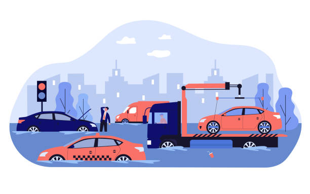 Heavy rain and water flood damaging cars Heavy rain and water flood damaging cars, road and city traffic. Tow truck carrying broken vehicle. Vector illustration for spring storm, rainy weather, hurricane, disaster concept truck in rain stock illustrations