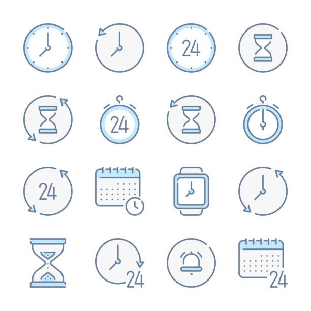 ilustrações, clipart, desenhos animados e ícones de ícones coloridos da linha azul relacionada ao tempo e relógio. conjunto de ícones de temporizador e cronômetro. - hourglass time timer measuring