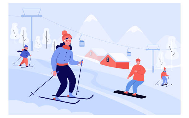 Happy people with kids skiing and snowboarding Happy people with kids skiing and snowboarding past elevator in mountains. Tourists enjoying vacation at ski resort. Vector illustration for winter sport activity concept skier downhill stock illustrations