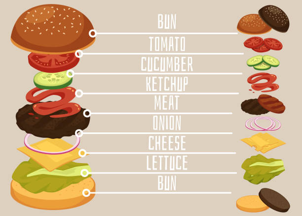 bildbanksillustrationer, clip art samt tecknat material och ikoner med skivad burger ingredienser recept bild, platt tecknad vektor illustration - cafe buns eating