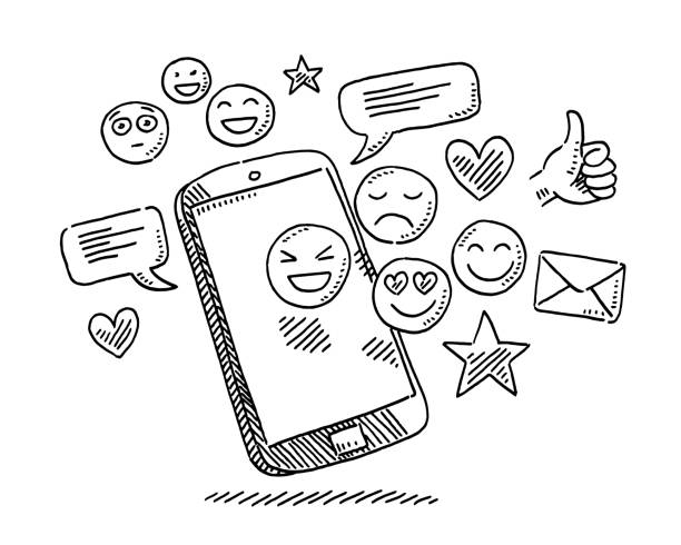 Social Media Icons Smartphone Drawing Hand-drawn vector drawing of a Social Media Icons and a Smartphone. Black-and-White sketch on a transparent background (.eps-file). Included files are EPS (v10) and Hi-Res JPG. heart emoji phone stock illustrations