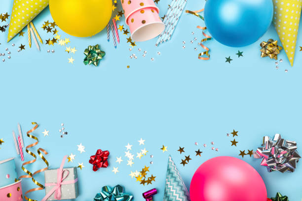 istock Birthday party supplies on blue background. Top view. Copy space. 1271938154