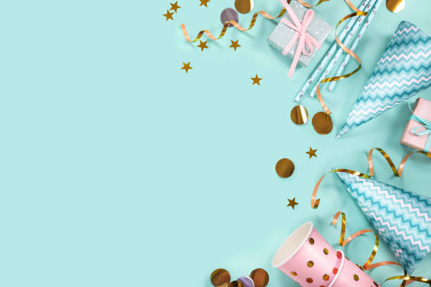 istock Birthday party supplies on blue background. Top view. Copy space. 1271938200