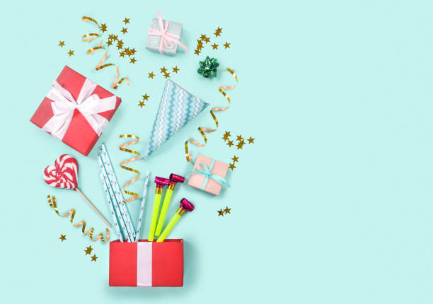 istock Birthday party supplies on blue background. Top view. 1271938204