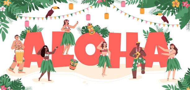 ilustrações, clipart, desenhos animados e ícones de havaianos dançando aloha sinal decorado, ilustração vetorial de desenho animado plano - dançar hula