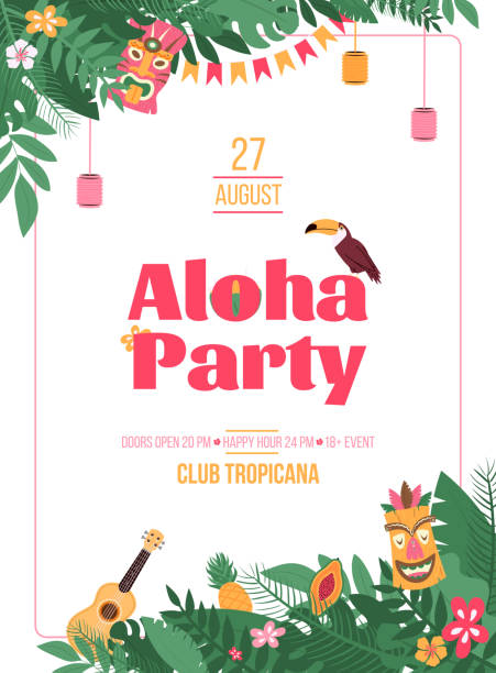 illustrazioni stock, clip art, cartoni animati e icone di tendenza di poster di invito per l'illustrazione vettoriale del cartone animato hawaiano aloha party. - cultura hawaiana