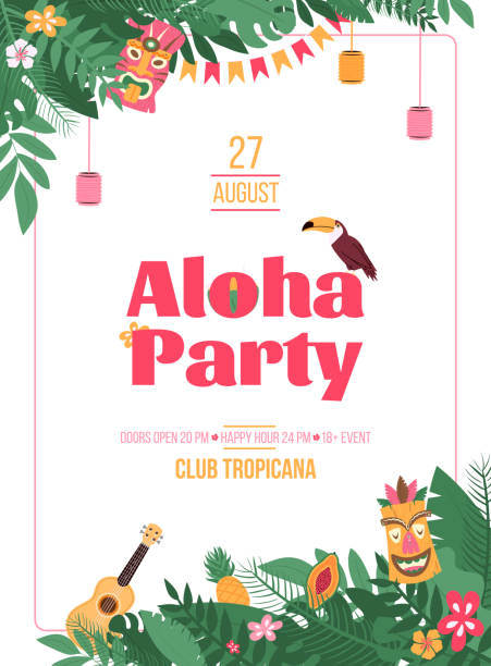 ilustrações de stock, clip art, desenhos animados e ícones de invitation poster for hawaiian aloha party cartoon vector illustration. - tropical music