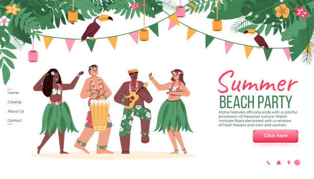 Website for summer beach party with Hawaiian dancers cartoon vector illustration. Website template for summer beach party with Hawaiian Hula dancers, cartoon vector illustration. Hawaiian tropical party landing page mockup with dancing people. hawaii islands illustrations stock illustrations