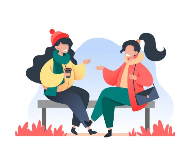 Vector illustration of Young women sit on a bench and communicate. Walking in the fresh air, meeting with a friend. Vector illustration in flat style