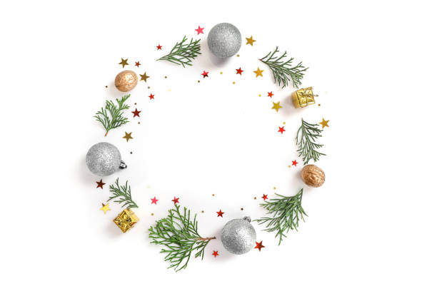 istock Christmas composition in shape of circle isolated on white background. Top view. Copy space. 1271941012