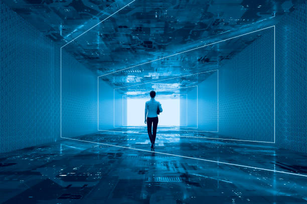 istock Businesswoman walking in VR environment 1271941672
