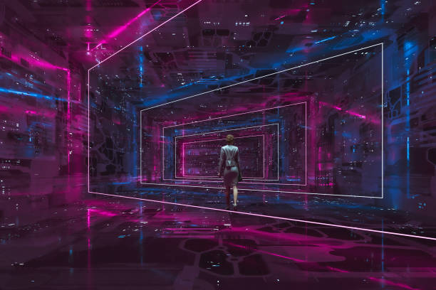 istock Businesswoman walking in VR environment 1271942313
