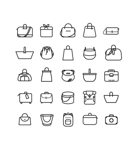 Bag symbols. Vector illustration. High fashion bag. set of pictograms of bags, handbag, travel bag, shopping bag. Leather goods, designer, haute couture and fashion designer leather medical bag stock illustrations