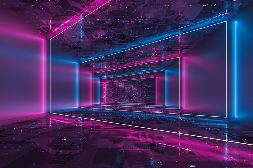 Empty futuristic neon corridor. 3D generated image.