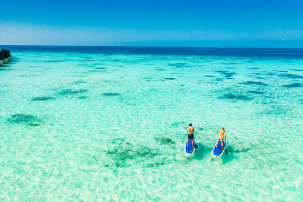 istock Young couple paddling on paddleboard in tropical ocean 1271943742