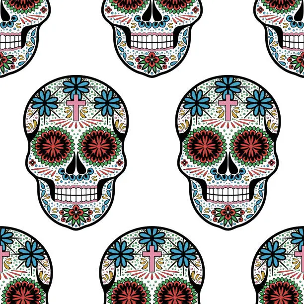 Vector illustration of Halloween pattern with floral skulls