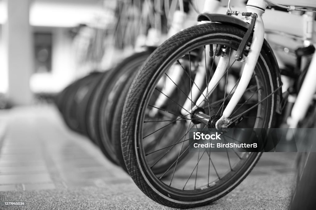 Close up the vintage bicycles in the shop as black and white photo. Bicycle Stock Photo