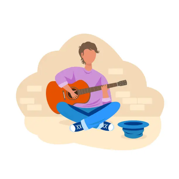 Vector illustration of A man with a guitar sits on the street