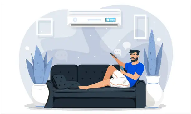 Vector illustration of Man relaxing barefoot on a couch at home