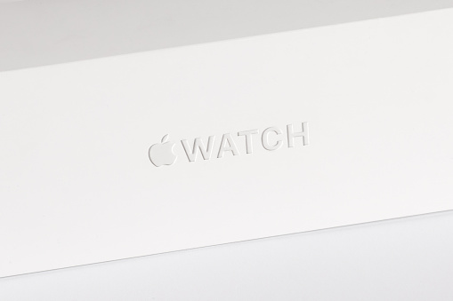 Rostov-on-Don, Rostov region / Russia - July, 2020: White cardboard box from Apple iWatch with logo on empty background. Minimalist style, copy space.
