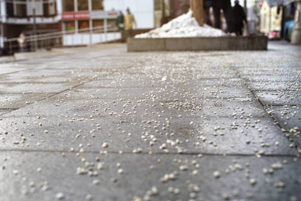 pavement near bus stop is sprinkled with salt