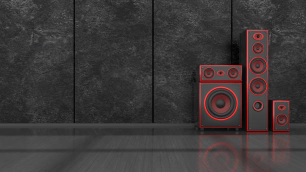 schwarzer innenraum mit modernem design schwarz-rot lautsprechersystem - domestic room audio stock-fotos und bilder