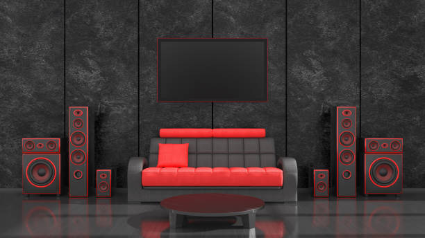 istock black interior with modern design black and red speaker system and TV 1271952543