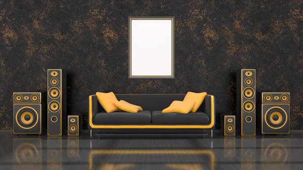 istock black interior with modern design black and yellow speaker system, sofa and frame for mockup 1271952643