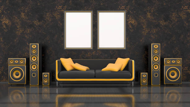 istock black interior with modern design black and yellow speaker system, sofa and frame for mockup 1271952723