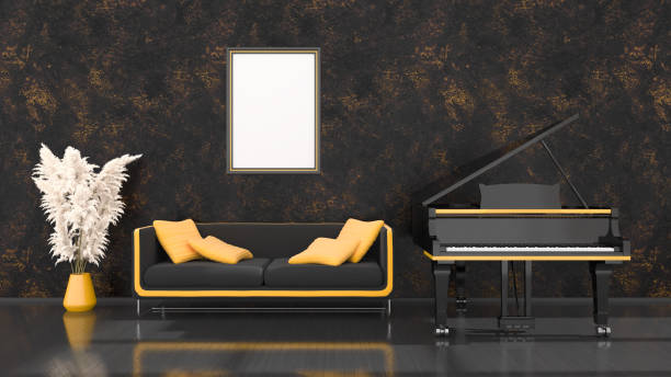 istock black interior with black and yellow grand piano, sofa and frame for mockup 1271953229