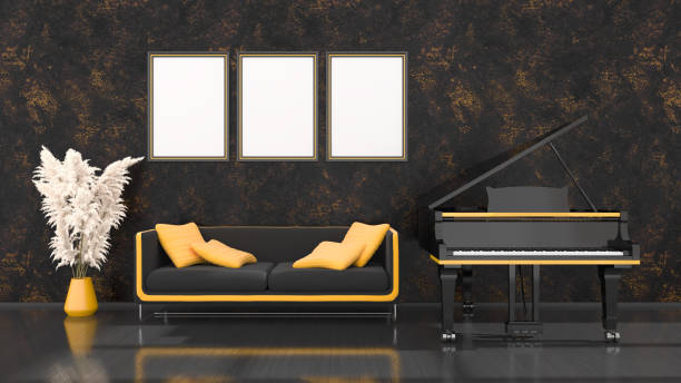 istock black interior with black and yellow grand piano, sofa and frame for mockup 1271953265