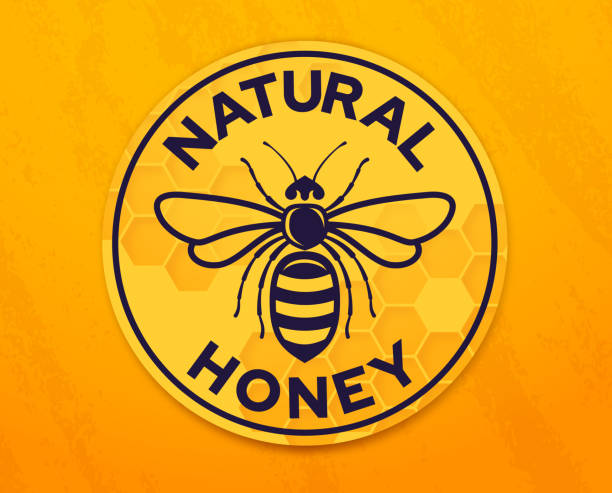 Natural Honey Honeybee Badge Honey bee natural honey beehive yellow badge. beeswax wrap stock illustrations