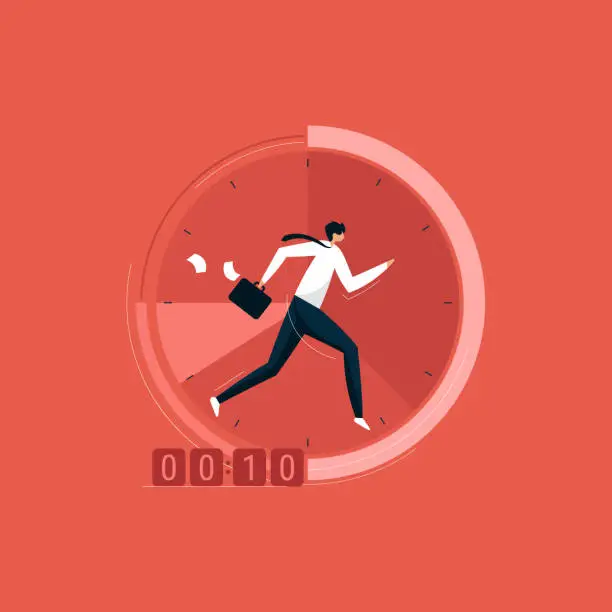 Vector illustration of Businessman running on the clock with briefcase, time management