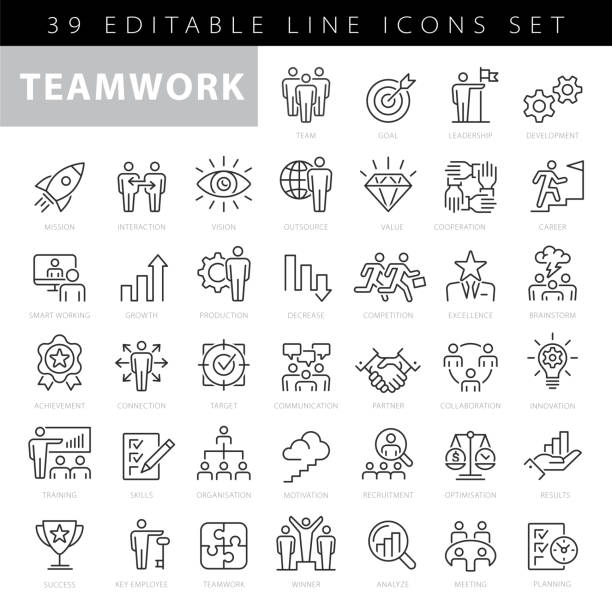 illustrazioni stock, clip art, cartoni animati e icone di tendenza di icone della linea del tratto modificabile del lavoro di squadra - teamwork