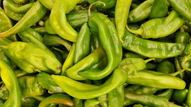 Fresh green Hatch Chili peppers in a traditional vegetable market. Fresh green Hatch Chili peppers in a traditional vegetable market in Houston, TX closeup image. Also called Anaheim chili and New Mexico chili. anaheim pepper photos stock pictures, royalty-free photos & images