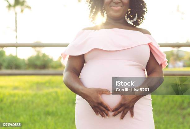 Close Up Of African American Woman Making Heart Hands On Pregnant Belly Stock Photo - Download Image Now