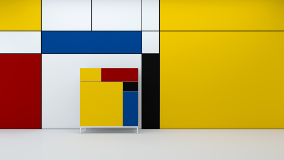 De stijl interior wall background.Composition with red,blue,yellow,black and white.3d rendering