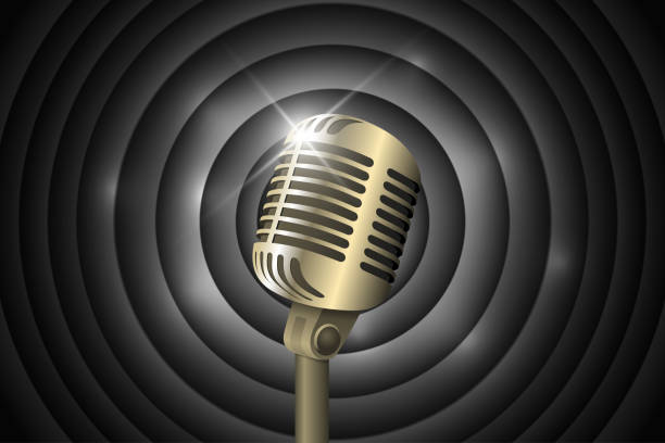 istock Vintage microphone on movie ending screen retro black and white circles signboard backdrop. Mic on empty theatre stage. Stand up comedian night show. Karaoke party vector art illustration 1271964853