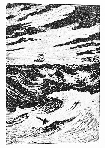 image from a French book of stories about the adventures of Robinson Crusoe, 1894. Black and white, sketch of a ship on the high seas
