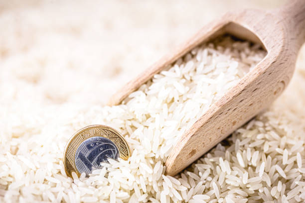 uma moeda real brasileira em uma grande pilha de arroz branco, conceito de alto preço do arroz brasileiro - real food fotos - fotografias e filmes do acervo