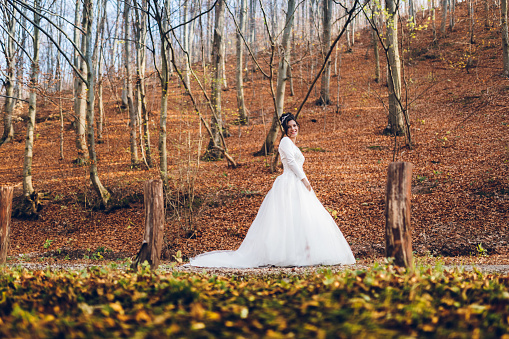 Young caucasian beautiful bride in wedding dress in nature.